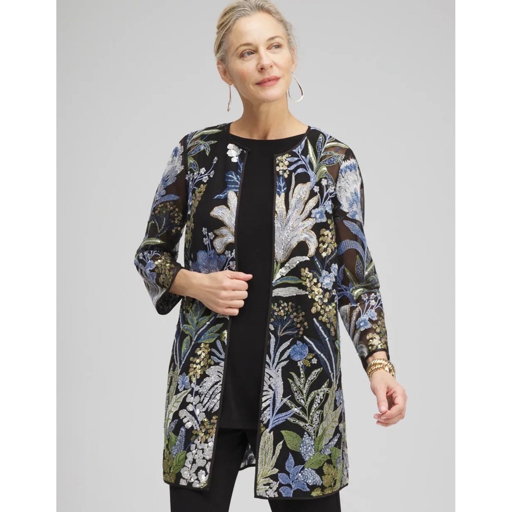 Chico's Embroidered Sequin Floral Mesh Long Duster Jacket Black Blue Sz 2 Large